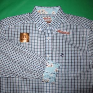 Ariat Fitted Mens Medium Long Sleeve Contrast Floral Cuff Plaid Blue Button Down